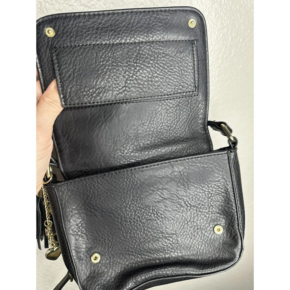 Juicy Couture Crossbody Bag Womens Small Black Faux Leather Tassel Mirror Charm
